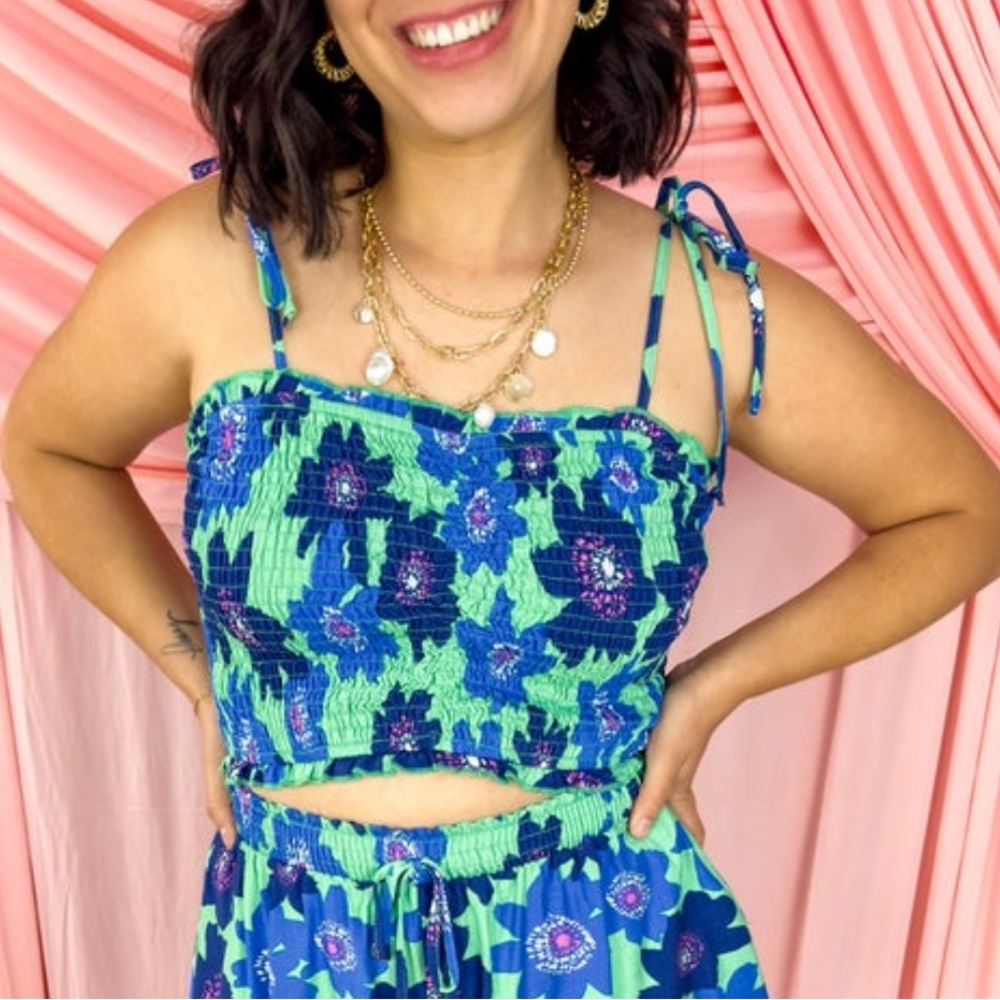 NWT Floral Blue and Green Smocked Women's Top size small
